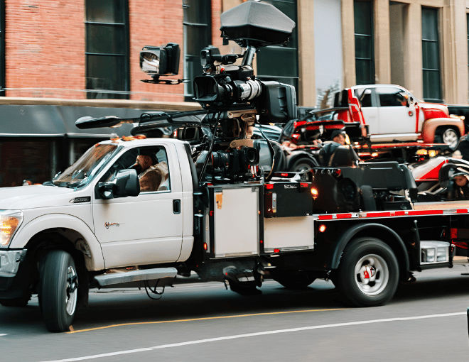 A tow truck sits idle, overshadowed by a bustling film crew capturing scenes with cameras and lighting equipment in motion.