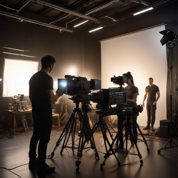 A bustling film set with powerful studio lights, crew members adjusting equipment, and seamless power flow.