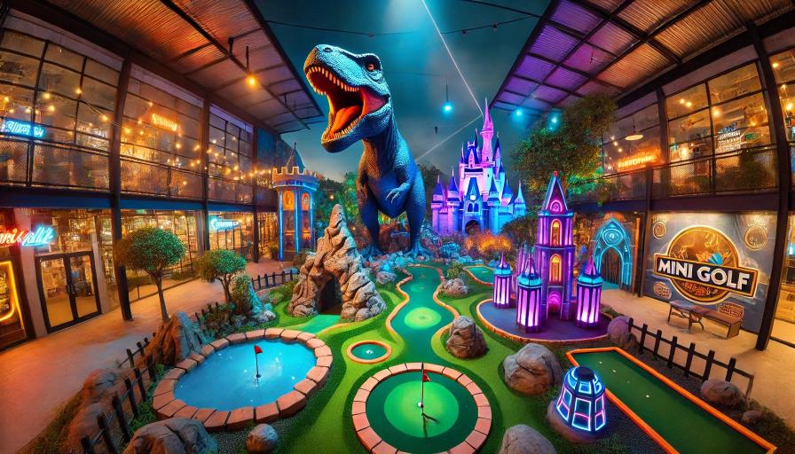 Mini golf course with dinosaur, castle, and neon sci-fi-themed holes at dusk.