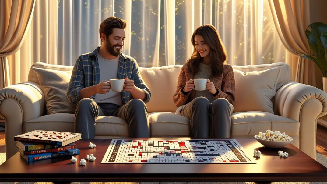 Two friends solving a crossword with coffee, popcorn, and classic movie DVDs.