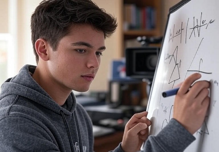 solving a geometry problem on a whiteboard